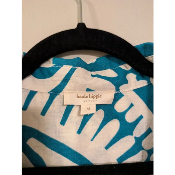 Women's Haute Hippie Button Down Shirt M White Teal Linen Blend - Picture 3 of 5